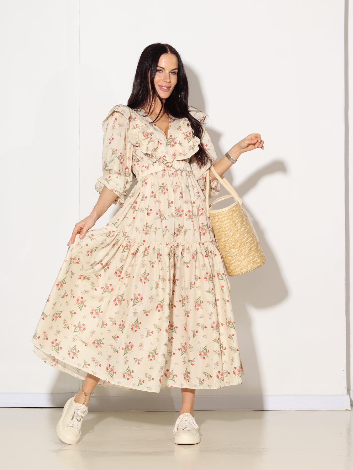 Bēša, midi kleita ar volānu un ziedu rakstu - 14782