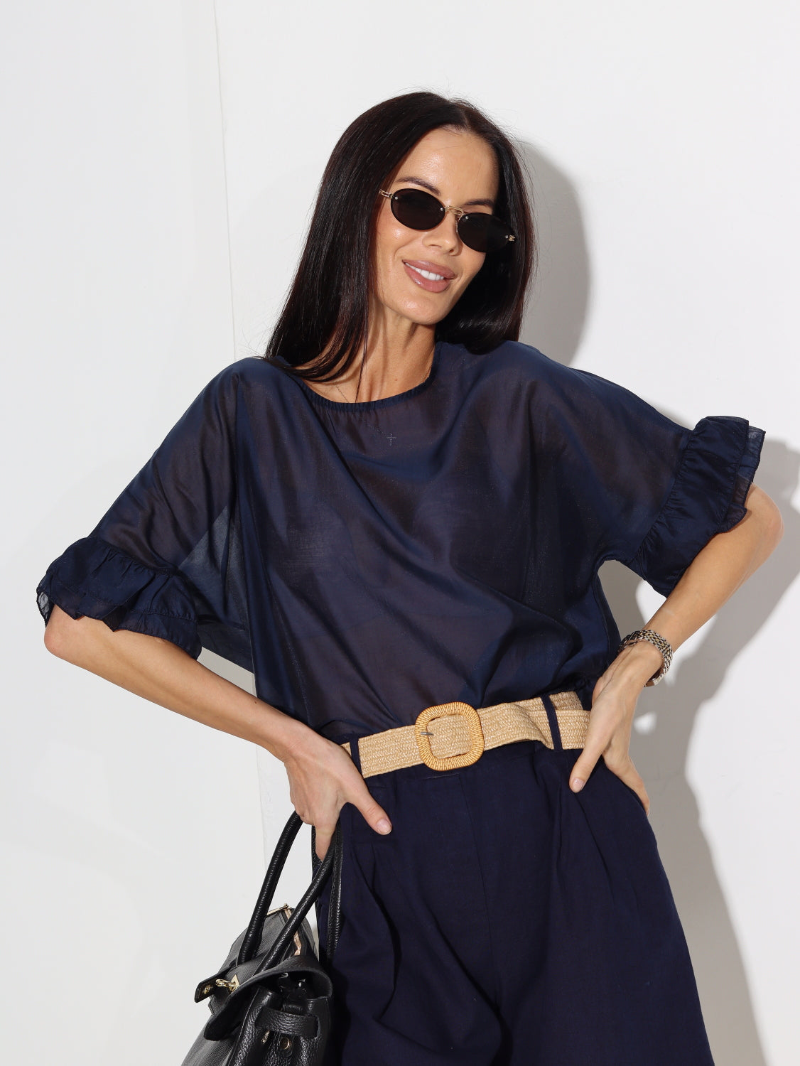 Zils, plāns, tops ar īsu piedurknes volānu - 15653