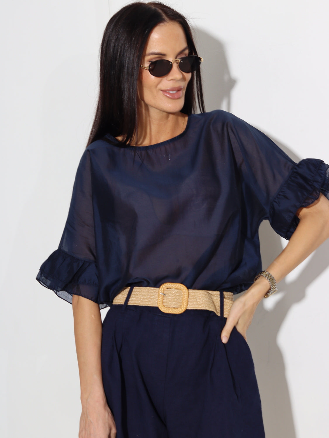 Zils, plāns, tops ar īsu piedurknes volānu - 15653