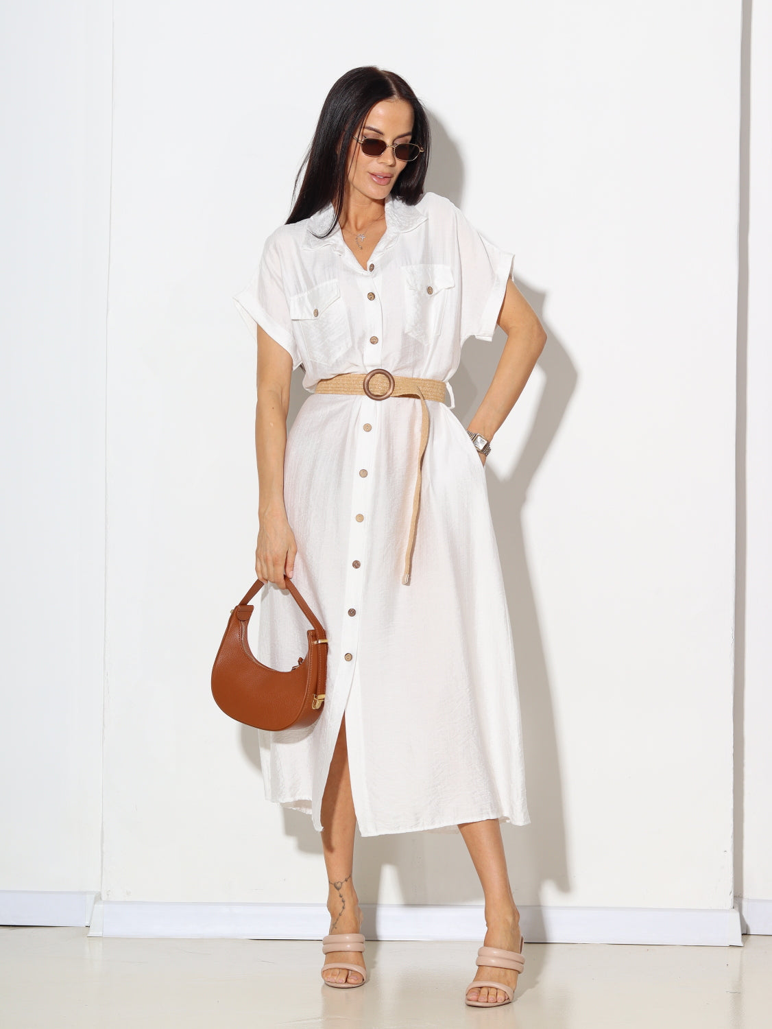 Balta MIDI kleita ar podziņu aizdari - 14840