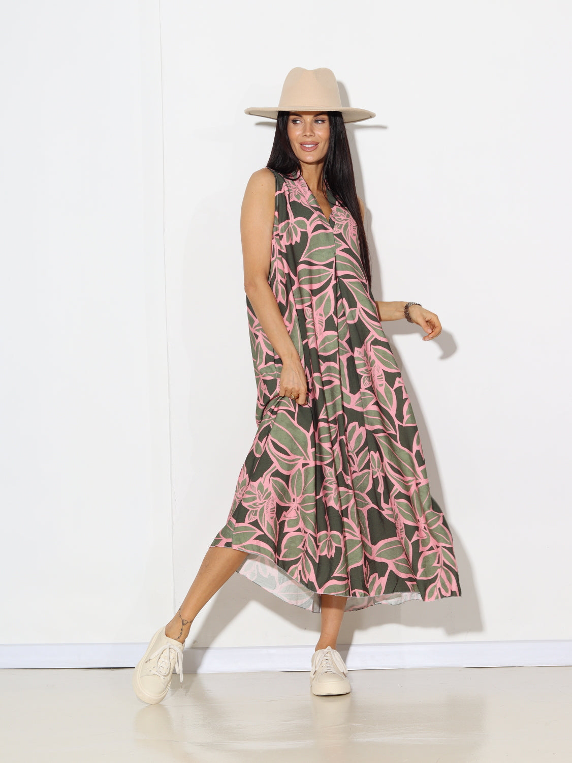 Zaļa+rozā basic midī kleita lapu raksta printā - 14860