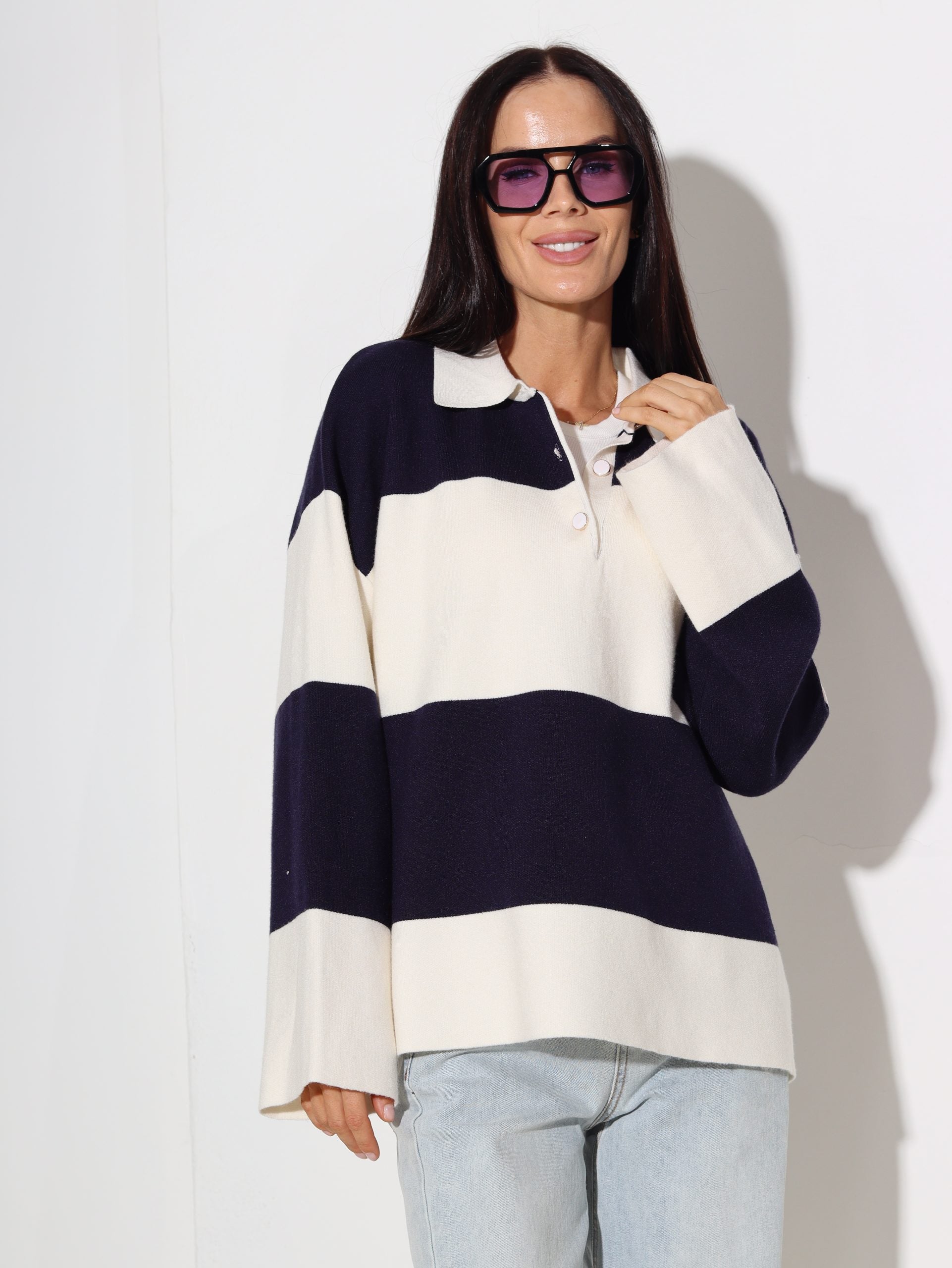 Tumši zils, strīpains oversize džemperis- 16375