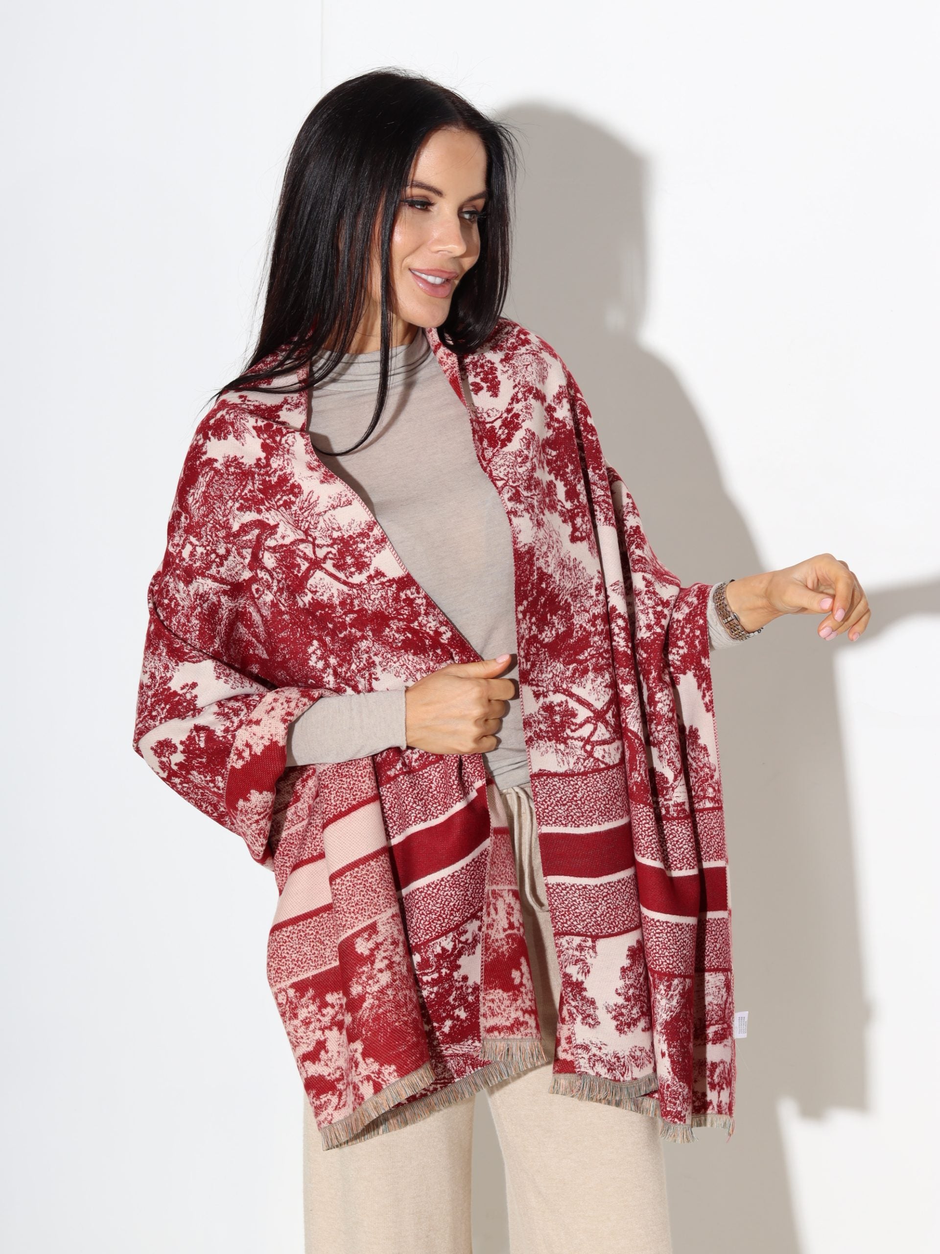 Sarkana šalle ar gleznas printu - 17426