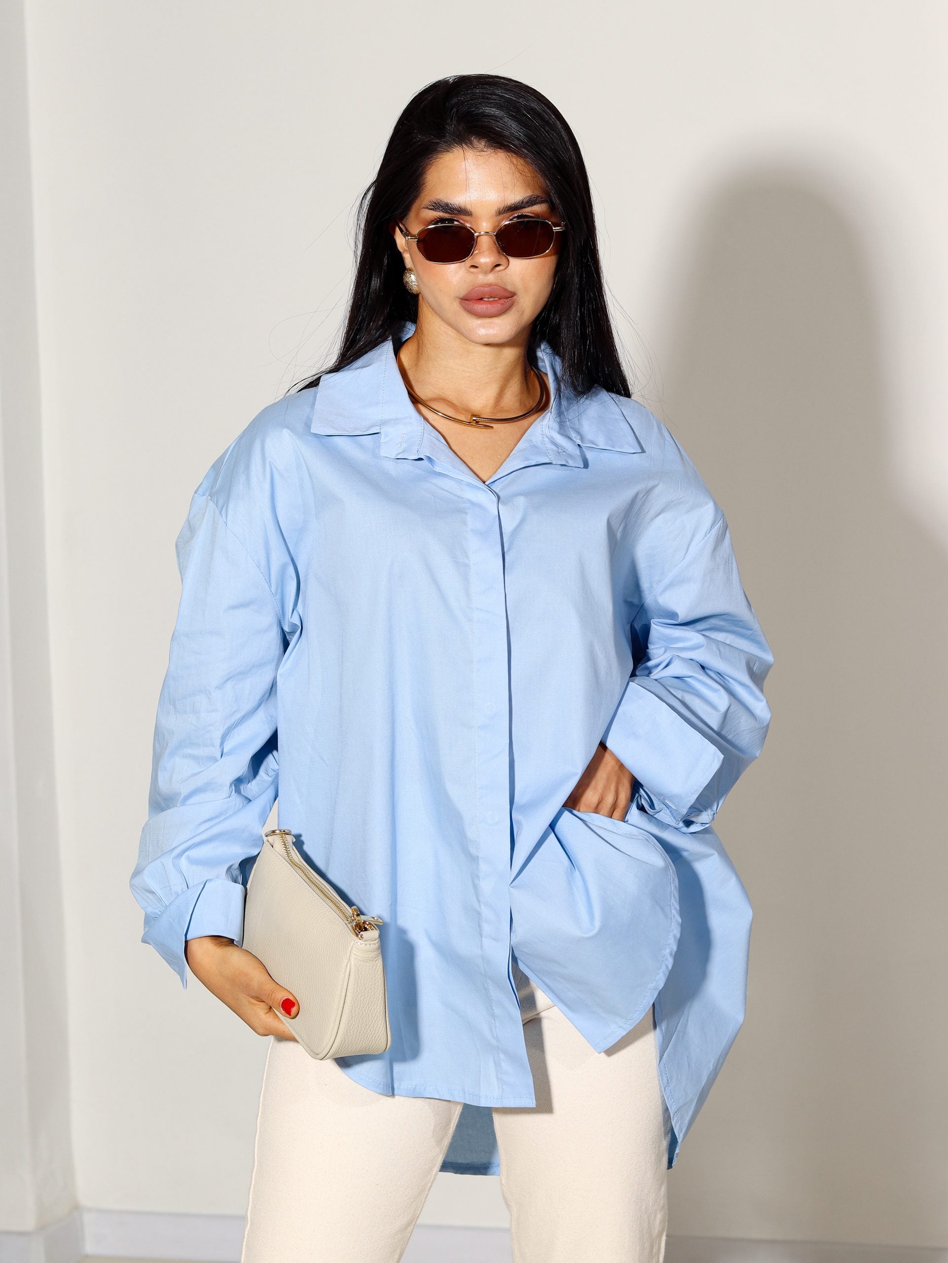 Zils, pagarināts kokvilnas krekls - 14358