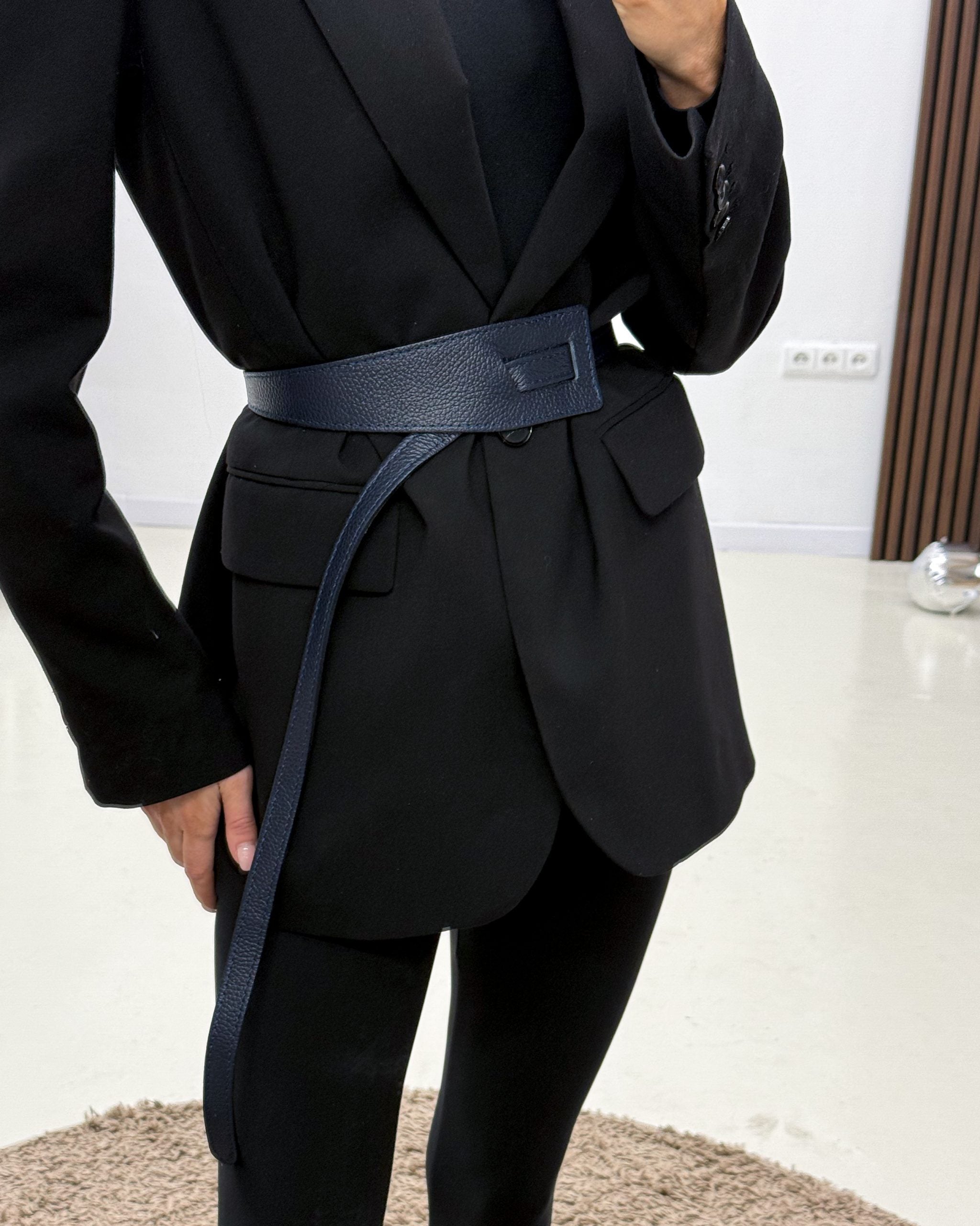 Zila ādas josta bez furnitūras (trapece) - 13812