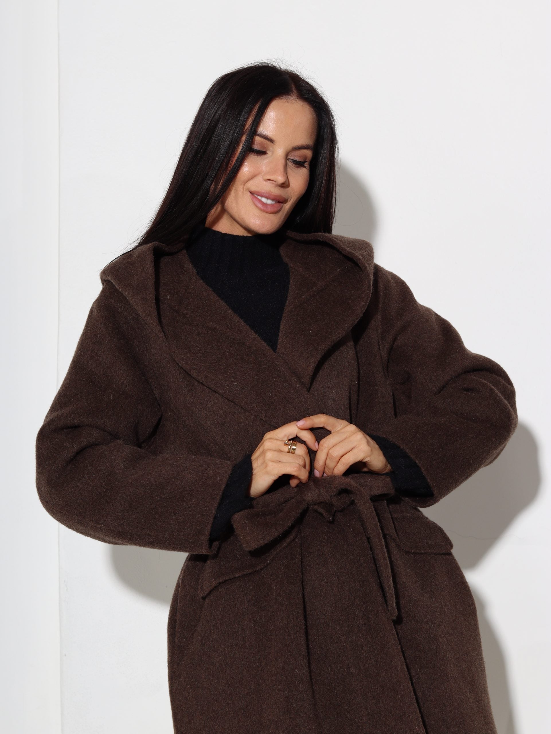 T.brūns vilnas mētelis ar kapuci - 17042