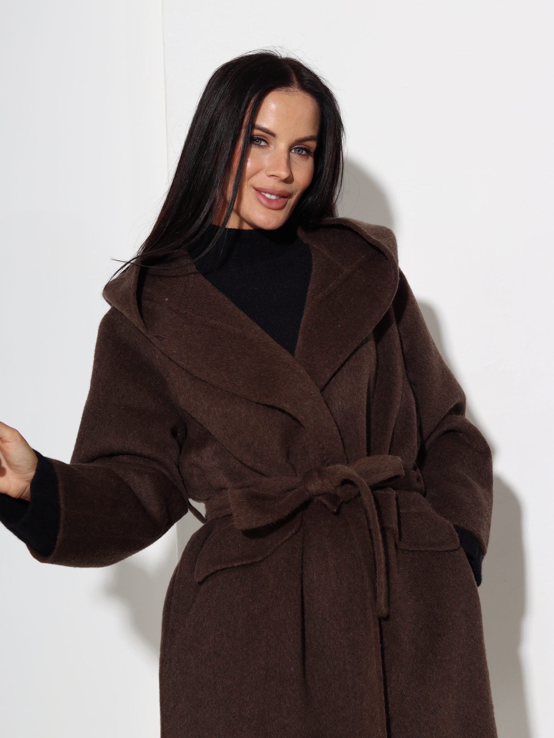 T.brūns vilnas mētelis ar kapuci - 17042