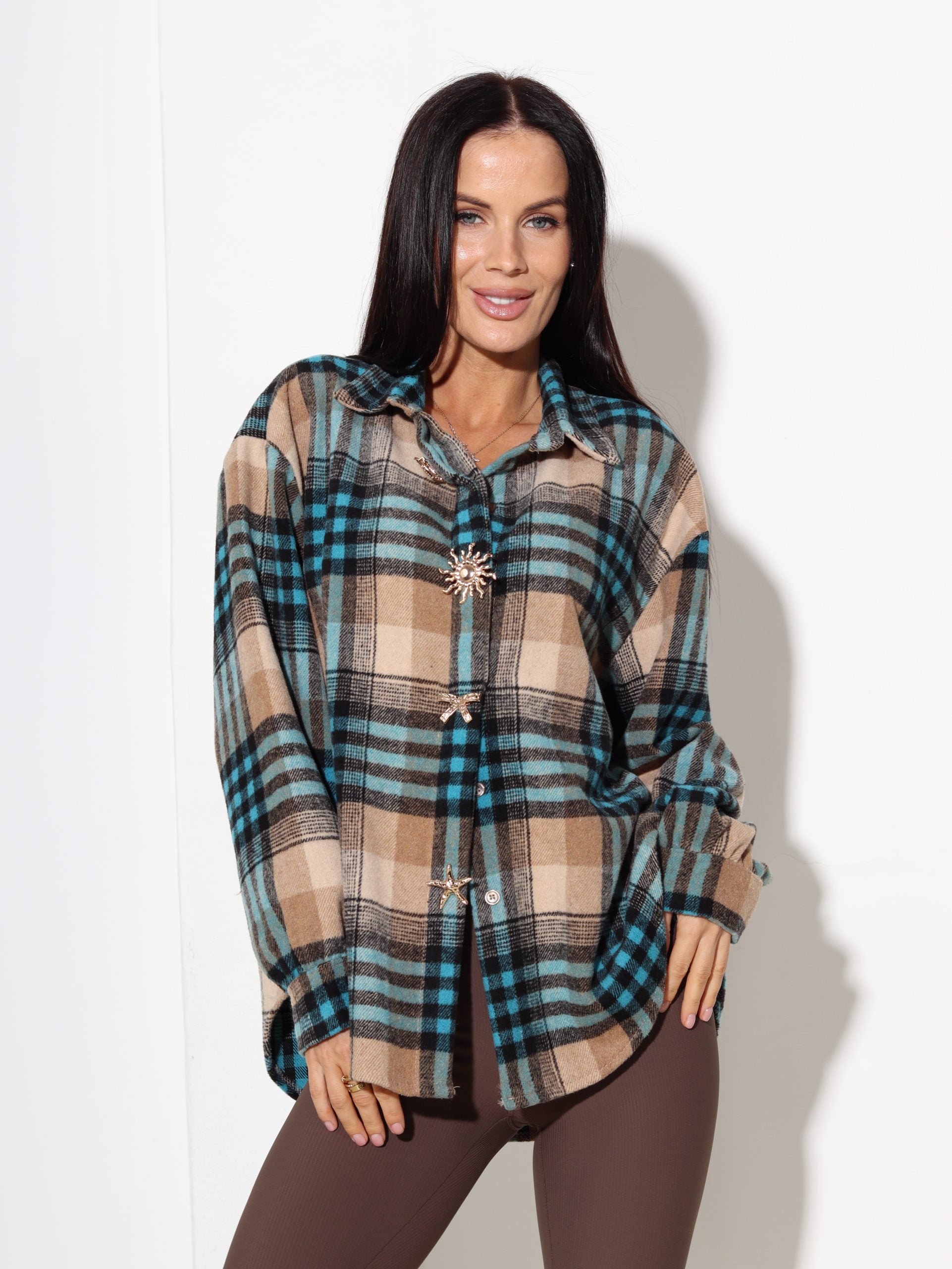 Tirkīzzilu rūtiņu raksta krekls ar pogu piespraudēm - 17092