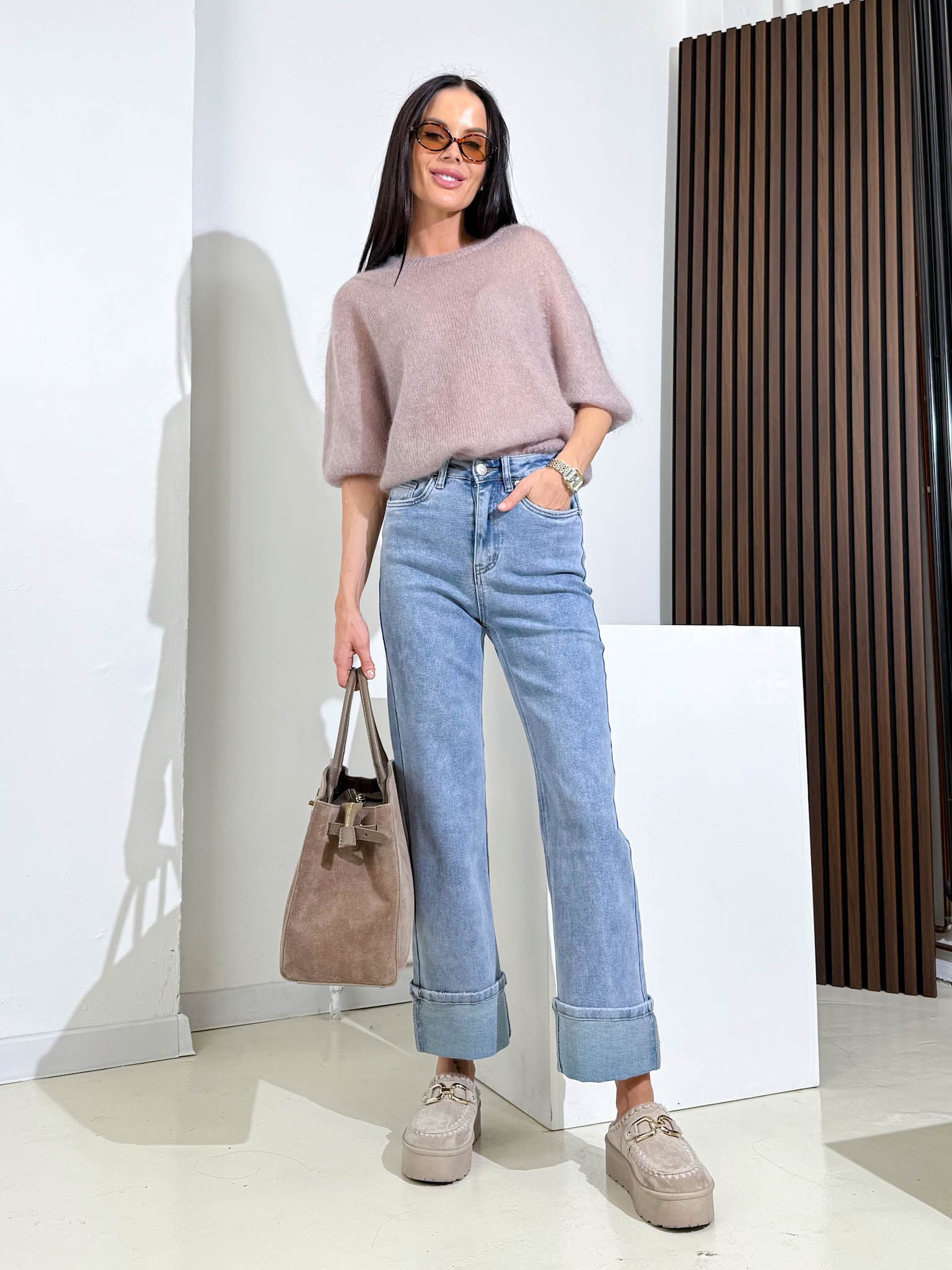 Zilas džinsa bikses ar atlocītiem galiem - 15893