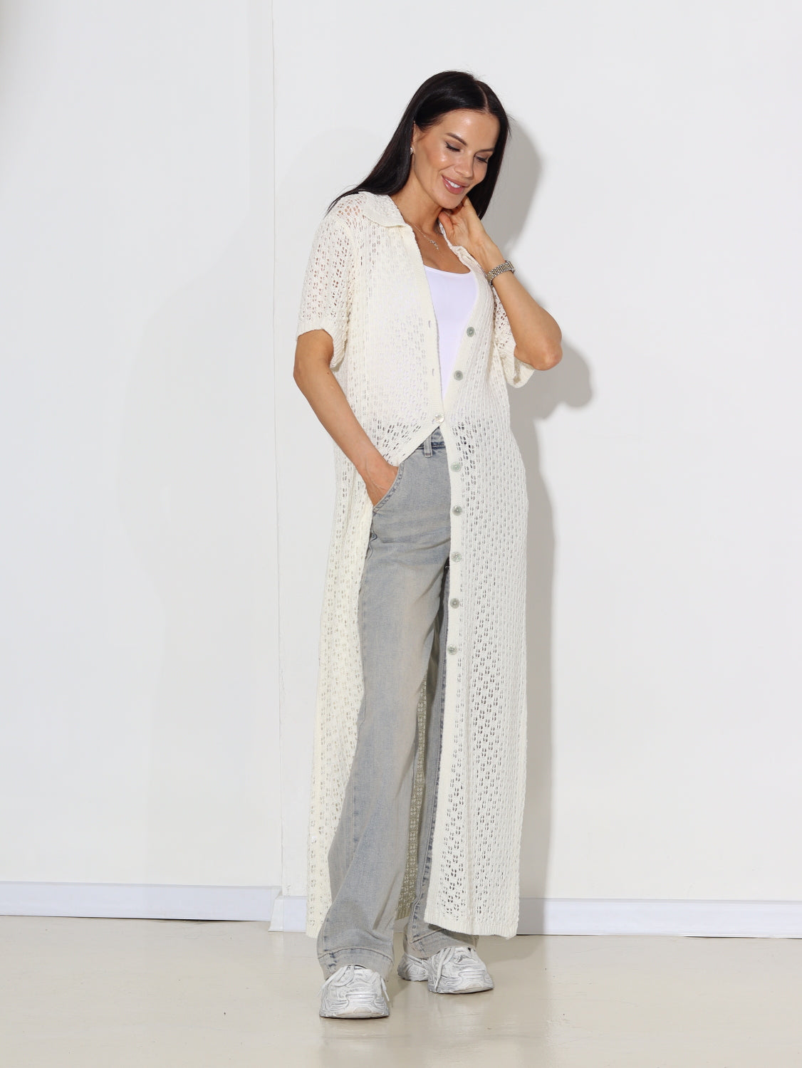 Balta tamborēta garā jaka - 15026