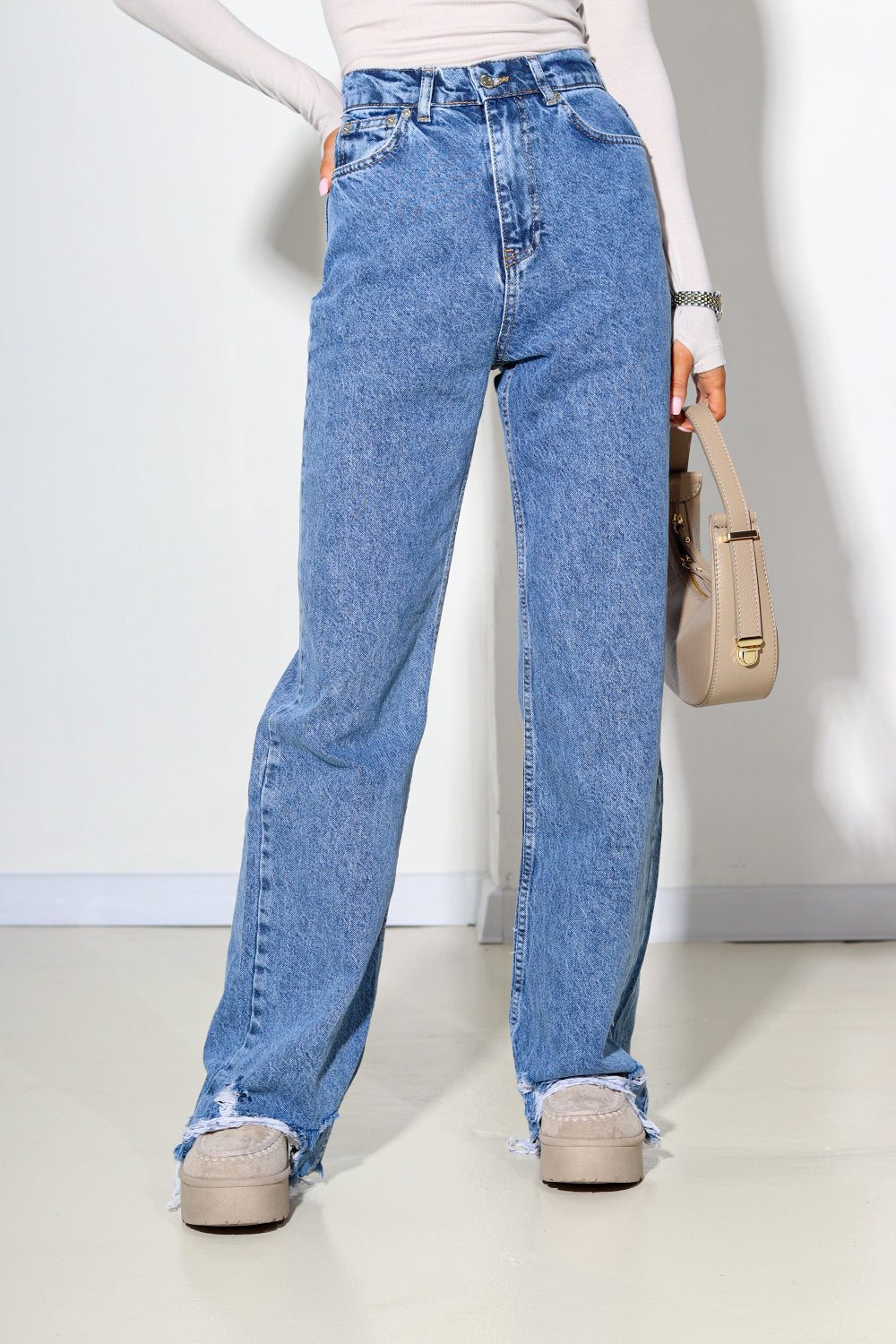 Zila "Mom fit" džinsu bikses ar plēstiem galiem - 13933