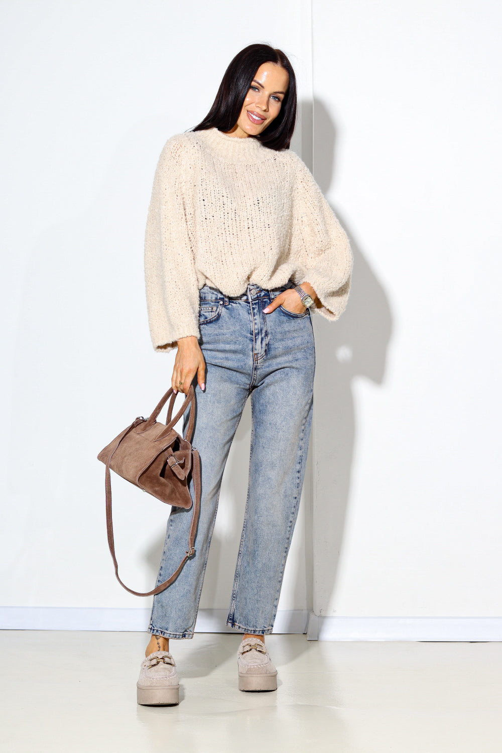 Zilas džinsa bikses ar bēšu balinājumu - 13932