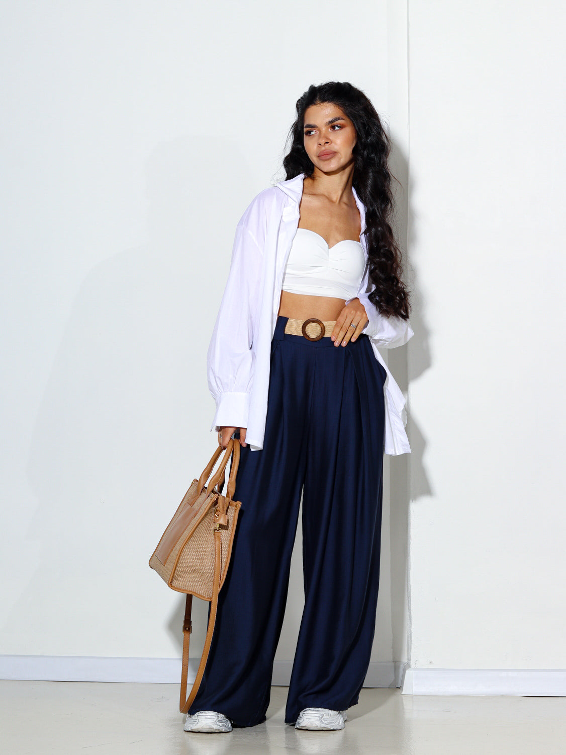 Zilas viskozes bikses ar pītu jostu - 14511