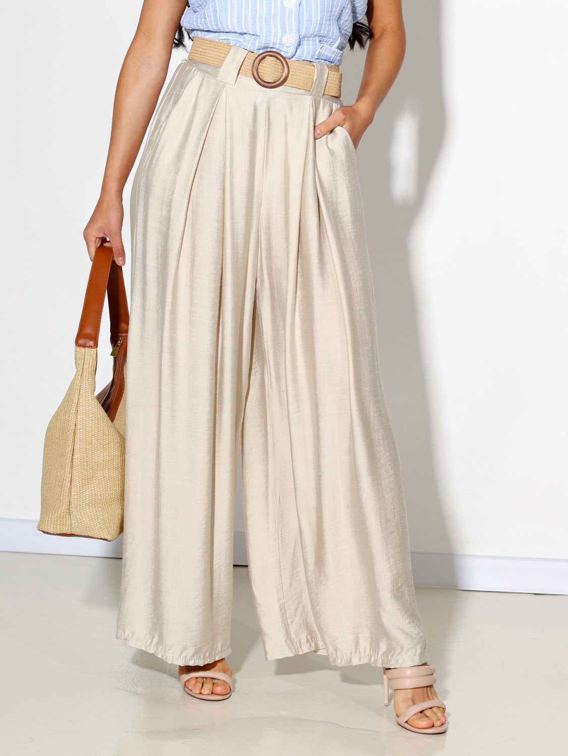 Bēšas viskozes bikses ar pītu jostu - 14508