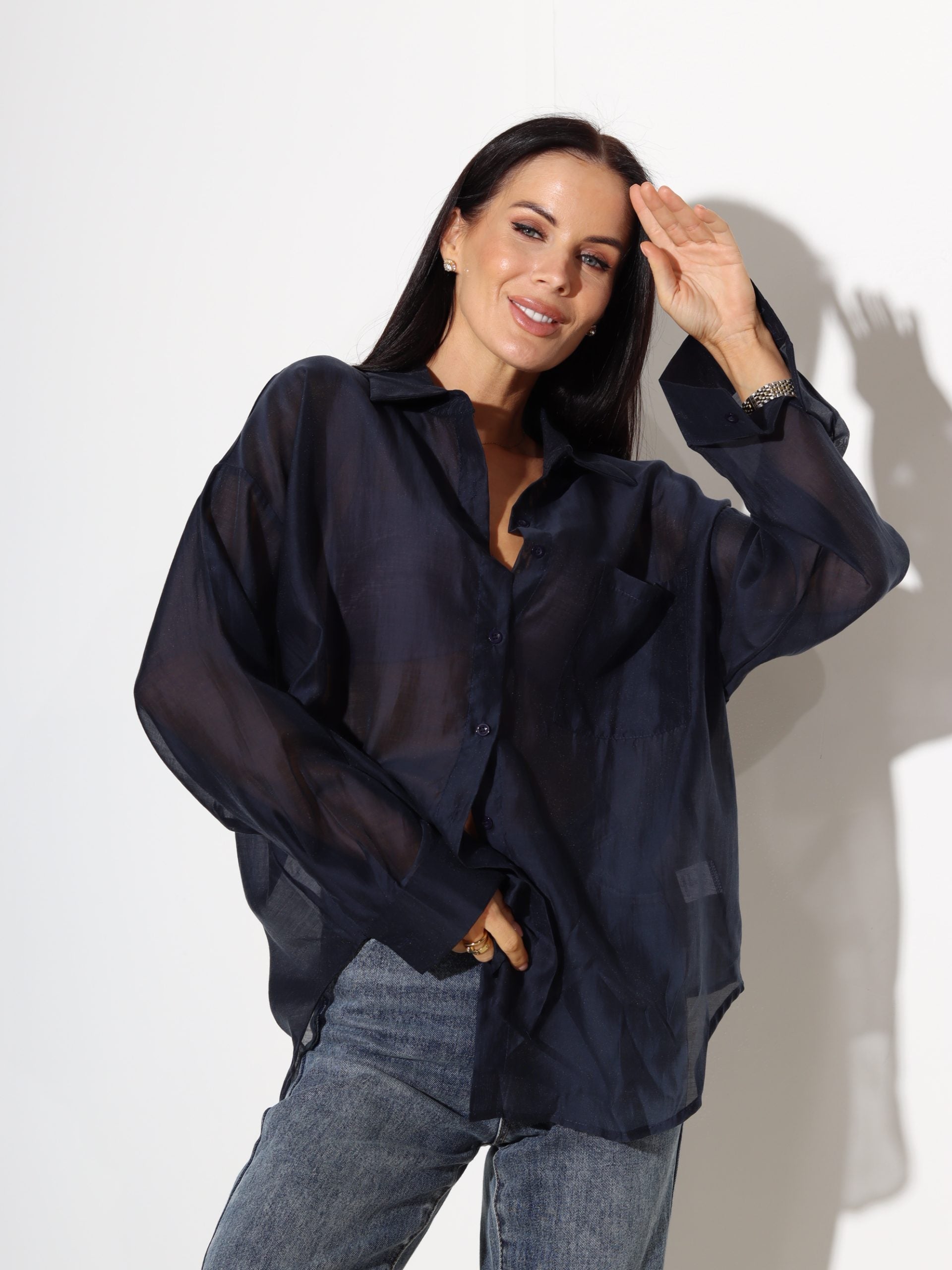 Zila zīda blūze ar apkali - 17487