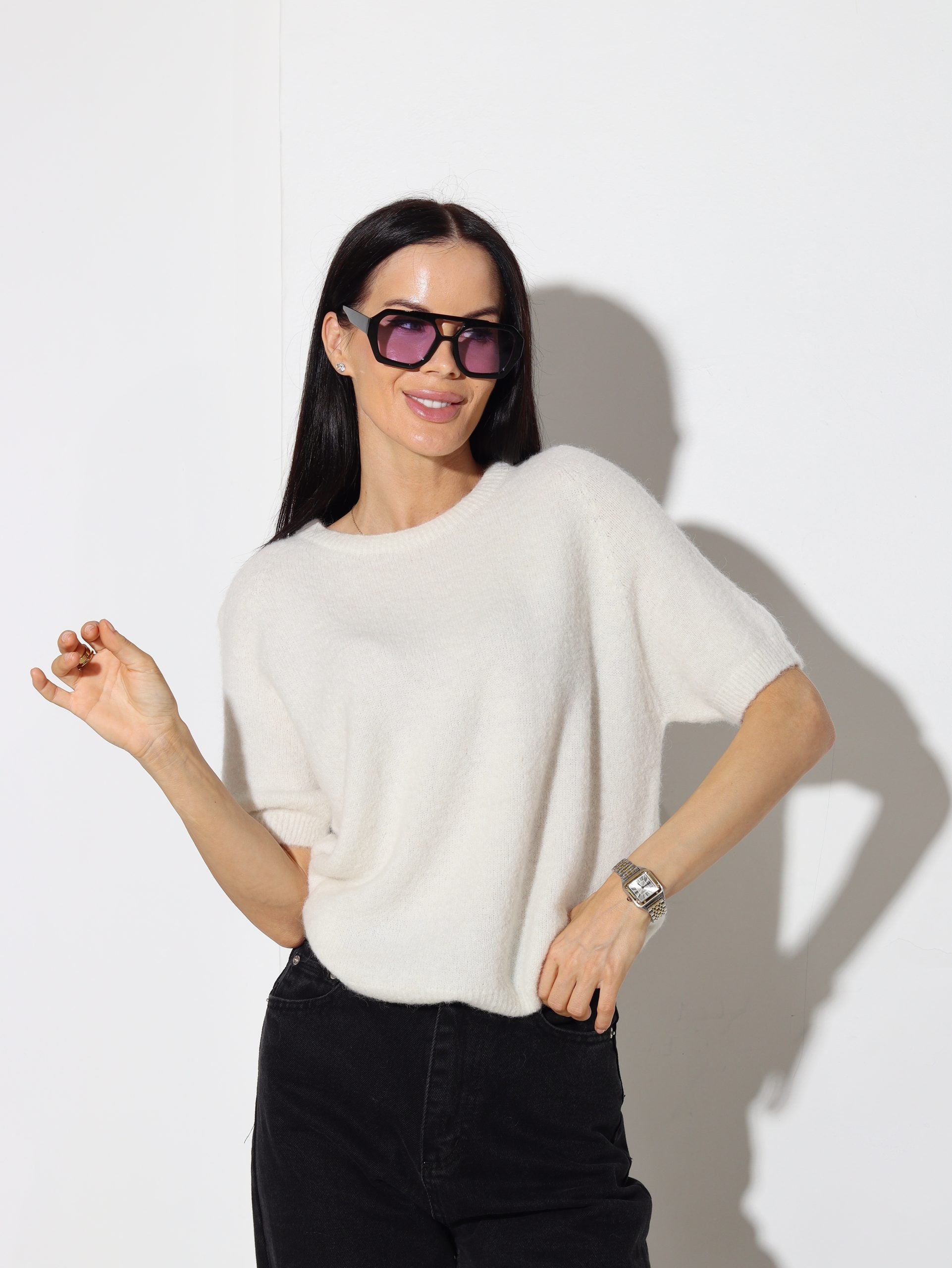 Balts alpakas džemperis ar īsām piedurknēm- 14597